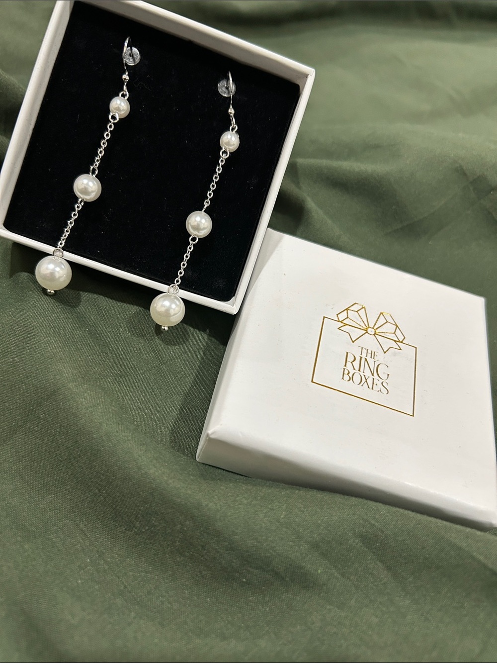 Pearl Drop Chain Earrings in White and Silver by